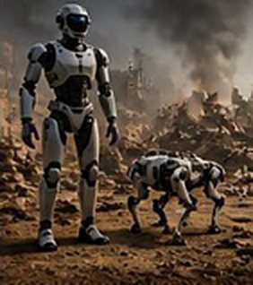 Enkaz alanında insansı robot ve robot köpek