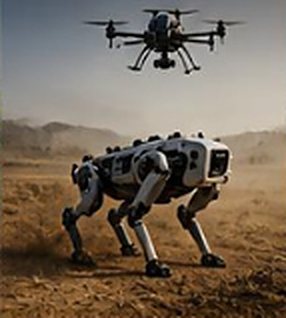 Tozlu arazide robot köpek ve drone